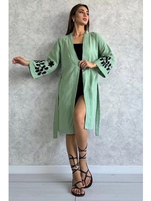 Julude Mint Bel Kuşaklı Nakışlı Kadın Kimono P-00011644