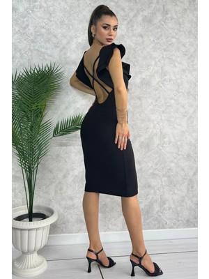 Julude Siyah Sırt Çapraz Fırfırlı Abiye Elbise P-00011707