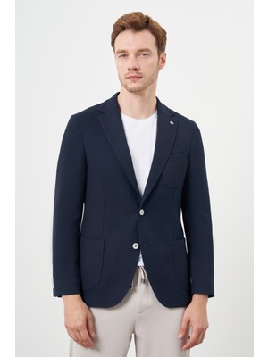 Morven  Erkek Lacivert Dokuma Slim Fit Torba Cep Mono Yaka Spor Ceket
