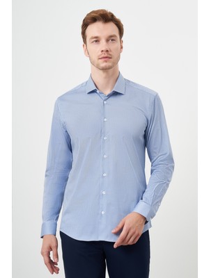 Morven  Erkek Mavi Pamuk Baskılı Desenli  Italyan Yaka Slim Fit Gömlek