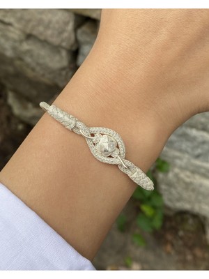 Kazzaze Gümüş Kazaziye Top Detaylı Örme Bileklik- Geleneksel Tasarım El Işi Bileklik