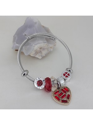 Pina Hediyelik Aksesuar Çelik Gümüş Renk Kırmızı Beyaz Zirkon Taşlı Kalp Yonca Love Charmlı Bileklik
