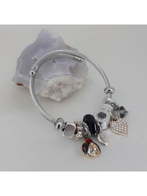 Pina Hediyelik Aksesuar Çelik Gümüş Renk Siyah Beyaz Zirkon Taşlı Uğur Böceği Kalp Love Charmlı Bileklik