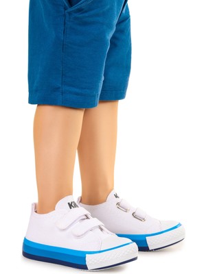 Kiko Kids Linen Cırtlı Erkek Bebek Keten Spor Ayakkabı Beyaz - Mavi