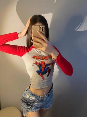 Violon Kırmızı Reglan Kol Amazing Spiderman Örümcek Adam Model Baskı Crop Body