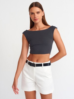 Dilvin 20869 Kayık Yaka Crop Top-Antrasit