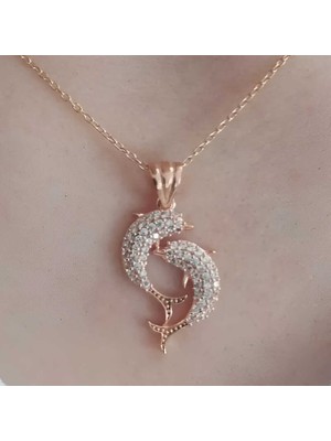 Aya Diamond Gümüş Rose Çift Yunus Balığı Kadın Kolye