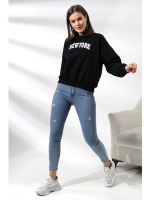 Endies Baskılı Oversize Şardonlu Sweatshirt 21497 Siyah