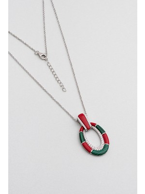 So CHIC Malahit ve Mercan Taşlı 18 Ayar Beyaz Altın Kaplama 45 Cm Gümüş Tasarım Kolye