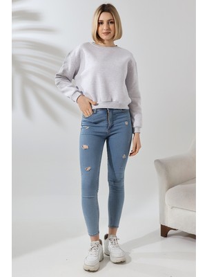 Endies Şardonlu Oversize Bisiklet Yaka Geniş Kalıp Sweatshirt 21614 Karmelanj