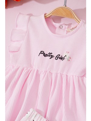 Damla Bebe Kız Bebek Pembe Pretty Girl Yazılı Çiçekli Elbise Takımı 18721