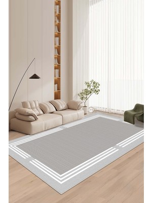 West Home Makinede Yıkanabilir Kaymaz Taban Leke Tutmaz Gri Çizgili Salon Halısı Mutfak Halısı ve Yolluk