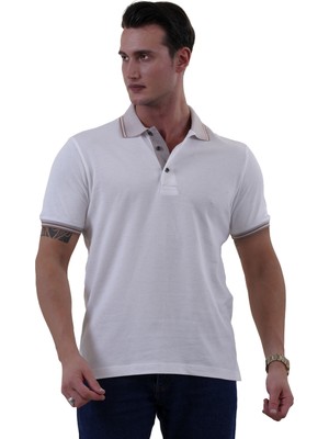 Exve Exclusive Beyaz Kıvrılmaz Kol ve Yaka Detaylı Çekmeyen Pamuk Polo Yaka Kısakol Tişört