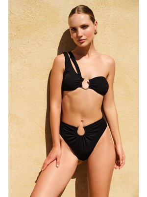 Miyuki Tek Omuz Yüksek Bel Krep Bikini Siyah