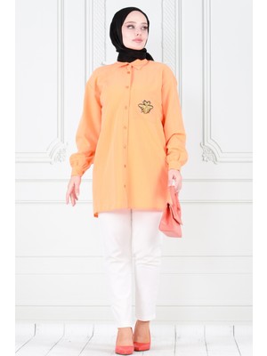 Sevitli Cebi Arı Detaylı Keten Tunik-Turuncu