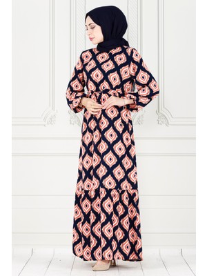 Sevitli Eteği Fırfır Ikat Desen Viscon Elbise-Lacivert