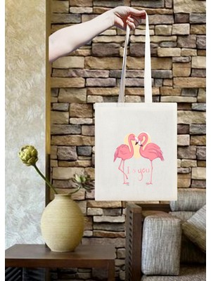 Atekder Flamingo Baskılı Pamuklu Ham Bez Çanta  35X40 cm