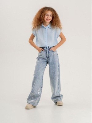 Zekids Kız Çocuk Paçası Varak Detaylı Denim Pantolon