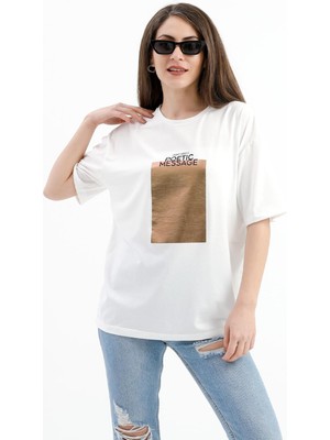 Rey Coco Bisiklet Yaka Baskılı T-Shirt - Ekru