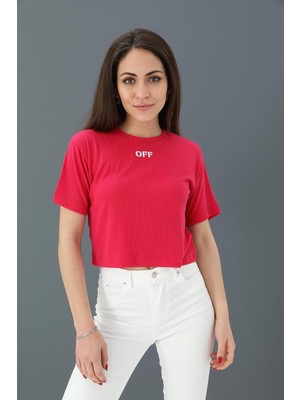 Rey Coco Tshirt Crop Bisiklet Yaka Off Yazılı - Fuşya