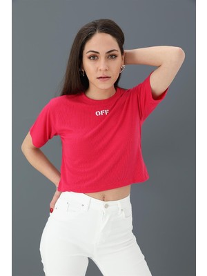 Rey Coco Tshirt Crop Bisiklet Yaka Off Yazılı - Fuşya