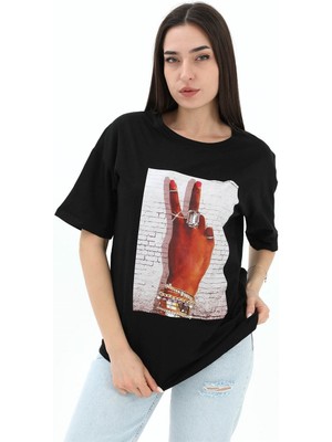 Rey Coco Bisiklet Yaka El Baskılı Süprem T-Shirt - Siyah