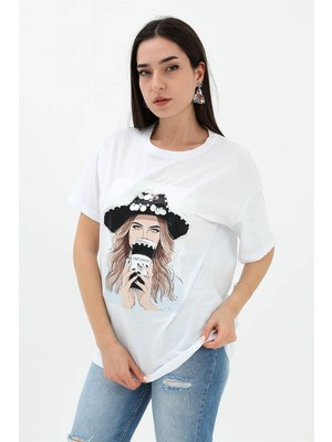 Rey Coco Bisiklet Yaka Kovboy Şapkalı Süprem T-Shirt - Beyaz