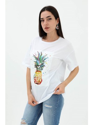 Rey Coco Bisiklet Yaka Ananas Baskılı Süprem T-Shirt - Beyaz