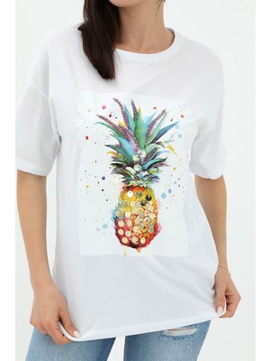 Rey Coco Bisiklet Yaka Ananas Baskılı Süprem T-Shirt - Beyaz