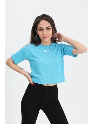 Rey Coco Tshirt Crop Bisiklet Yaka Off Yazılı - Mavi