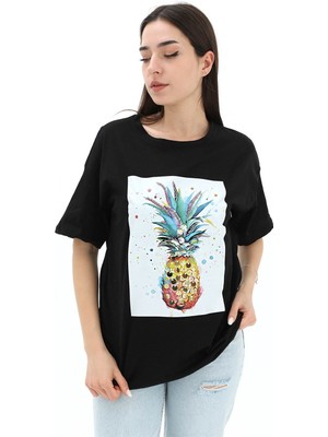 Rey Coco Bisiklet Yaka Ananas Baskılı Süprem T-Shirt - Siyah