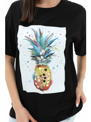 Rey Coco Bisiklet Yaka Ananas Baskılı Süprem T-Shirt - Siyah