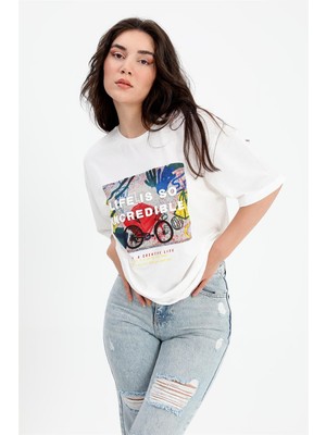 Rey Coco T-Shirt Bisiklet Yaka Desenli Kabartma Yazılı - Ekru