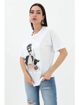 Rey Coco Bisiklet Yaka Taş Detaylı Süprem T-Shirt - Beyaz