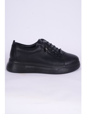 New Onix 035 Deri Ortopedik Taban Bağcıkları Lastikli Desenli Hafif Rahat Esnek Siyah Günlük Kadın Ayakkabı