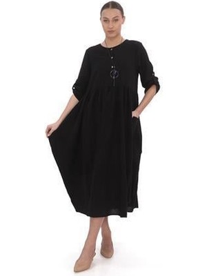 Bohem Stil Uzun Kol Yuvarlak Yaka Keten Balon Elbise