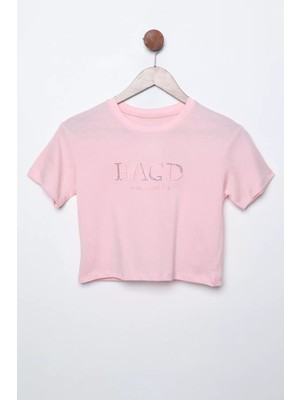 Julude Pembe Nakışlı Kız Çocuk Bisiklet Yaka Tişört P-00011557