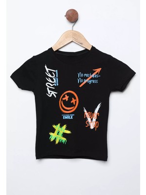 Julude Siyah Renkli Baskılı Bisiklet Yaka Erkek Çocuk Tişört P-00011580