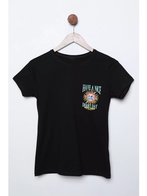 Julude Siyah Baskılı Bisiklet Yaka Kız Çocuk Tişört P-00011562