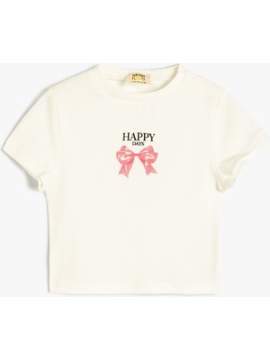Koton Kız Çocuk Günlük Stil Ekru Kısa Kol Pamuklu T-Shirt Grafik Desenli