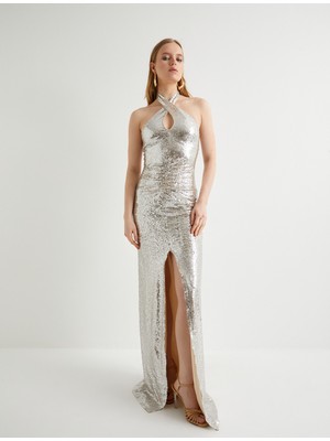 Koton Pullu Payetli Uzun Abiye Elbise Halter Yaka