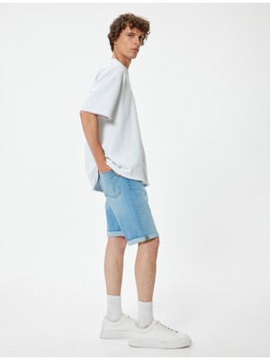 Koton Slim Fit Kot Şort Bermuda Katlama Paçalı Düğme Detaylı