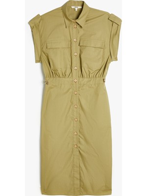 Koton Midi Gömlek Elbise Kolsuz Kapaklı Cepli Bol Kalıp Beli Lastikli