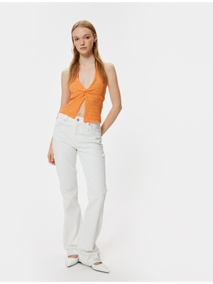 Koton Crop Üst Sırt Dekolteli Boyundan Kalın Askılı Dokulu Derin V Yaka