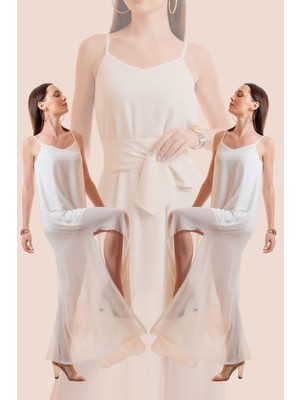 Laranor Ayarlanabilir Askılı Yırtmaç  Tasarım Şifon Elbise(Gündüz&gece Şıklığı) 44 - Ecru