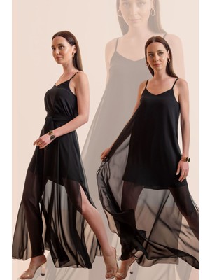 Laranor Ayarlanabilir Askılı Yırtmaç  Tasarım Şifon Elbise(Gündüz&gece Şıklığı) 36 - Siyah