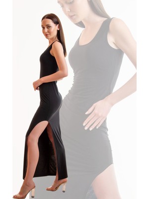 Laranor U Yaka Yandan Yırtmaç Detay Elbise 42 - Siyah