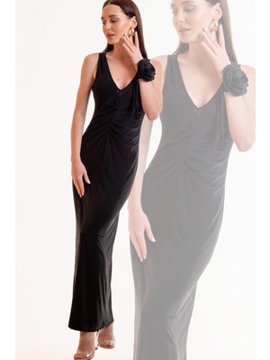 Laranor Gül Detay V Yaka Büzgü Tasarım Elbise (Gündüz/gece Şıklığı) 38 - Siyah