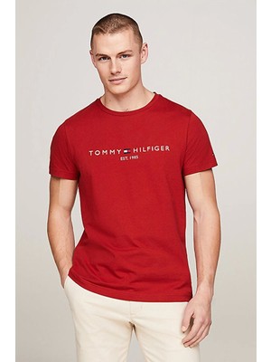 Tommy Hilfiger Erkek Logo Slim Fit Kırmızı T-Shirt