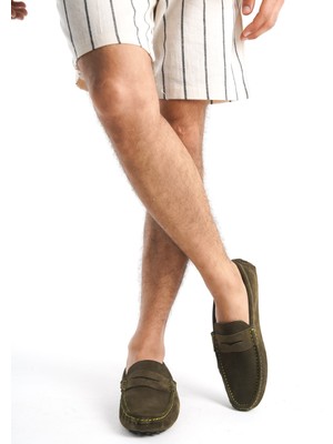 Mubiano Summer Mubiano Hakiki Deri Erkek Süet Haki Loafer -MSSR1277-HK